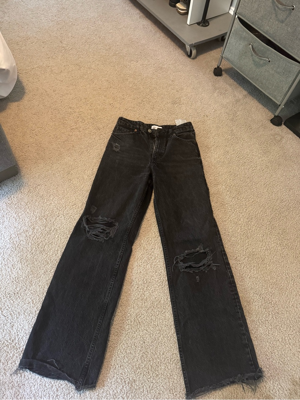 Zara Black Straight-Leg Distressed Jeans